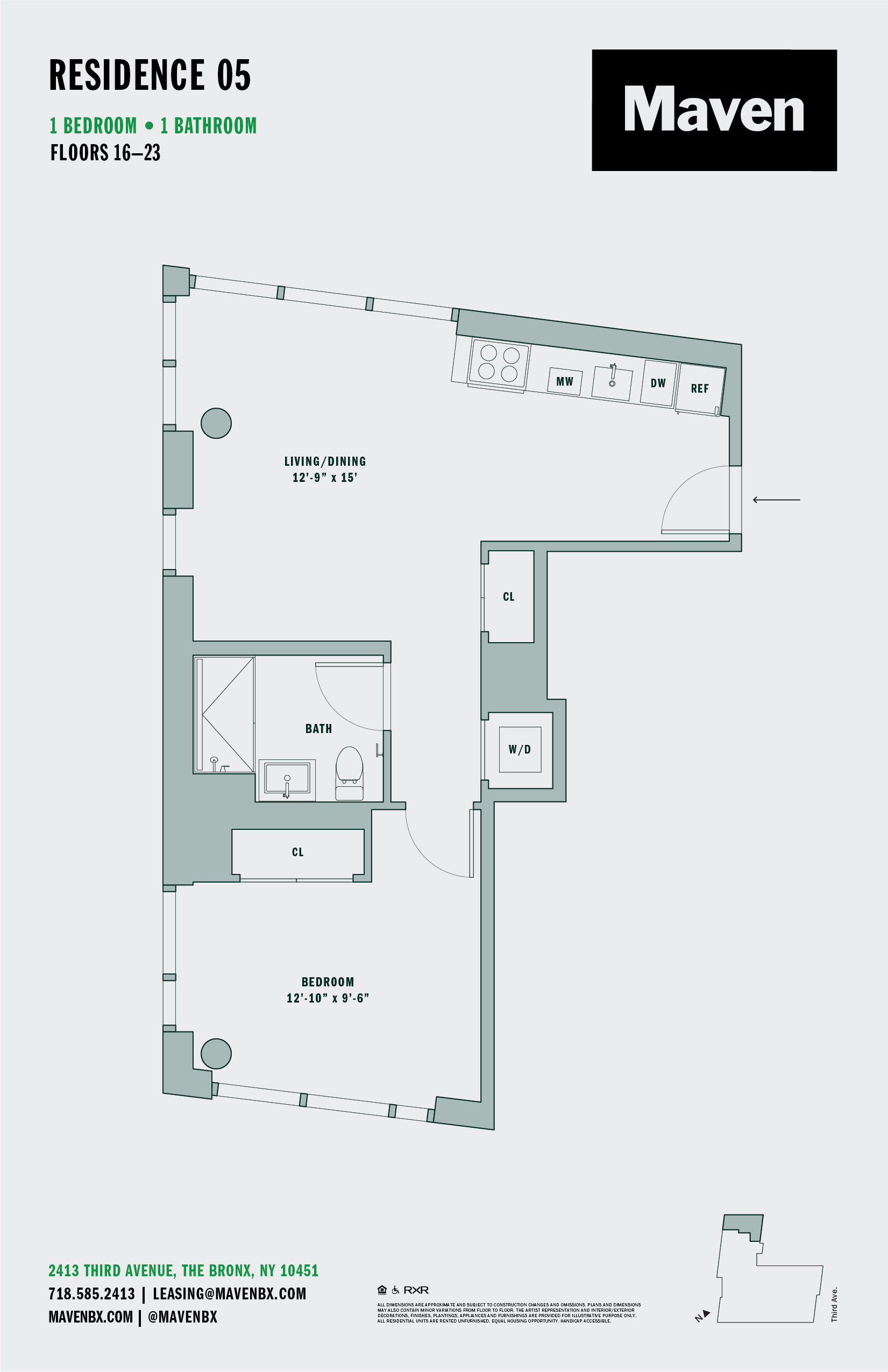 Floor plan for 1 bed, 1 bath, 667 sqft